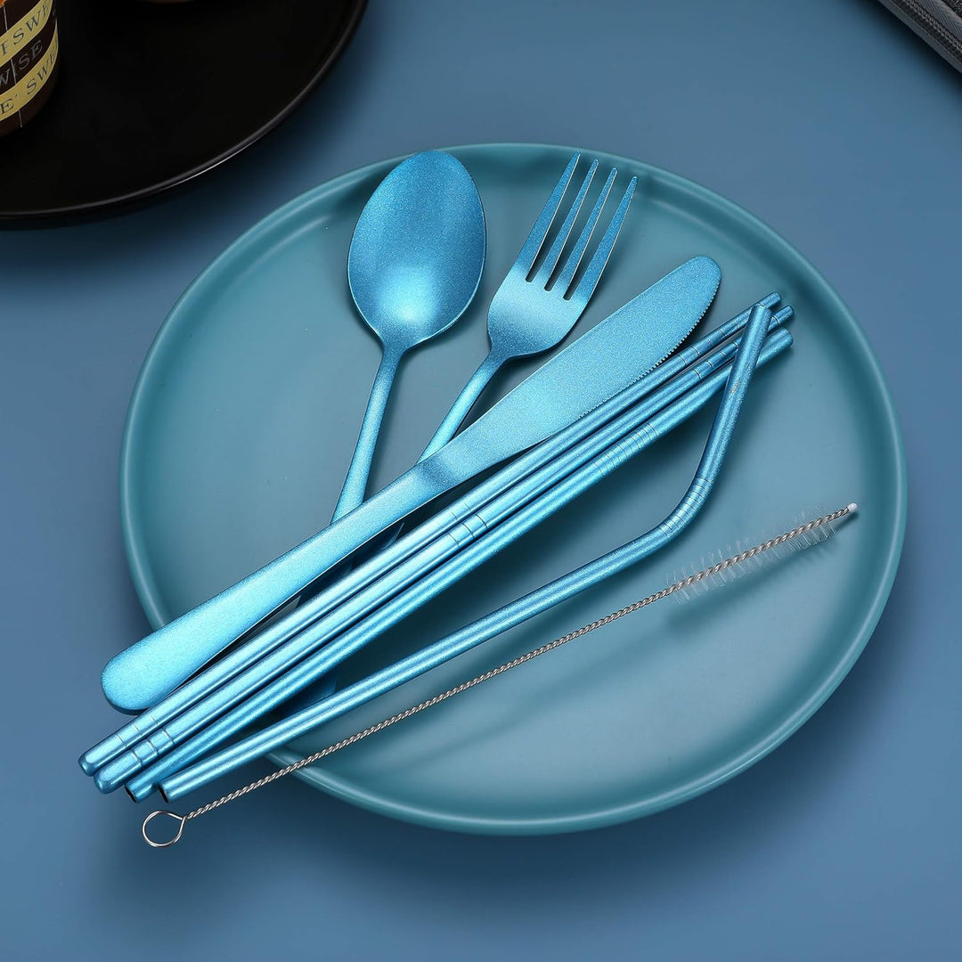 Portable stainless steel cutlery set in a travel case, designed for convenient and eco-friendly outdoor and kitchen use