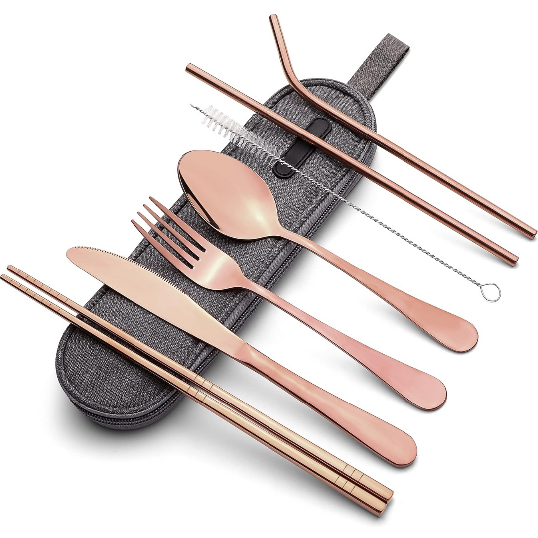 Close-up of a polished stainless steel spoon from a travel cutlery set, perfect for eco-friendly meals