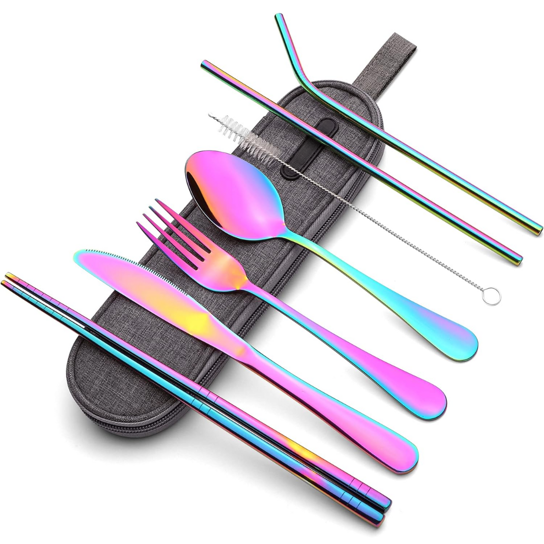 Detailed view of a stainless steel knife, part of a portable cutlery set designed for outdoor and travel use