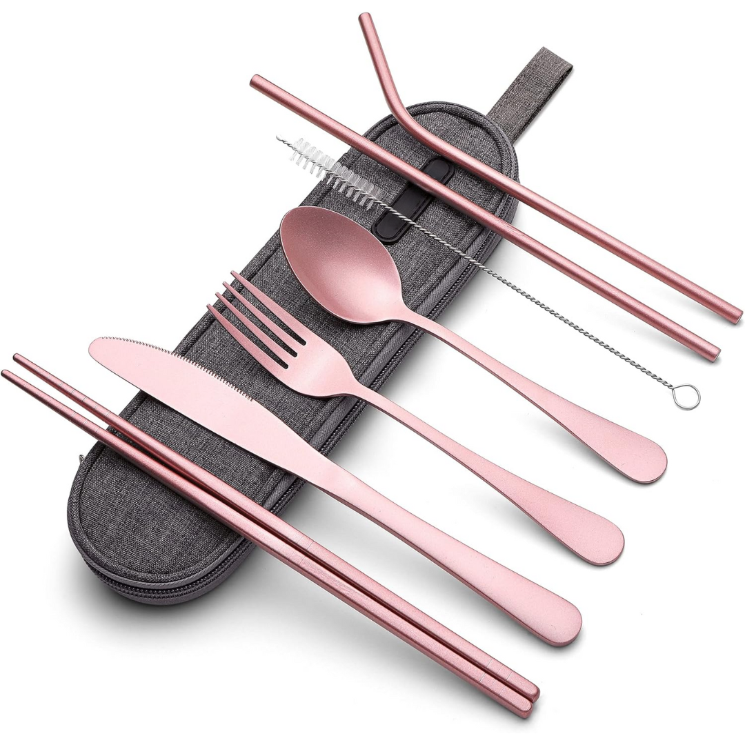 Compact travel case for a portable stainless steel cutlery set, showcasing its eco-friendly and reusable design