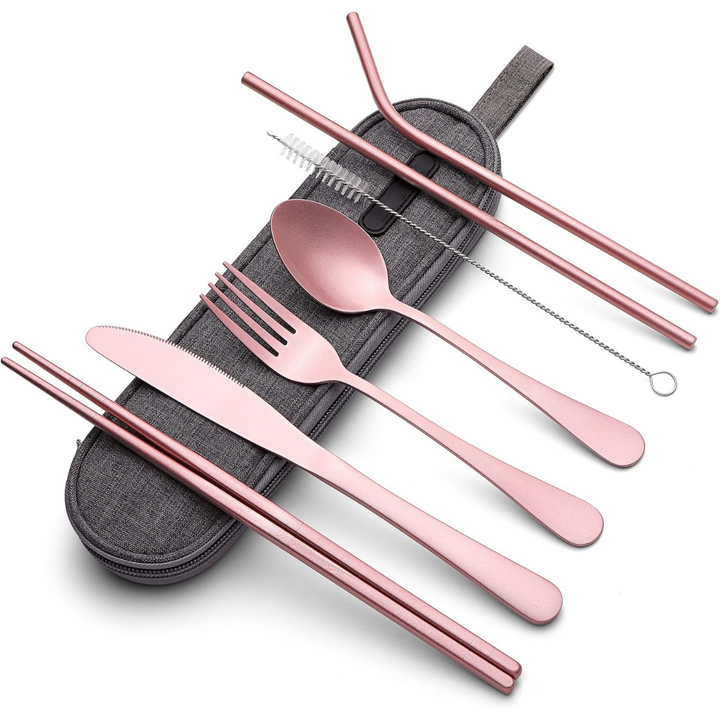 Compact travel case for a portable stainless steel cutlery set, showcasing its eco-friendly and reusable design