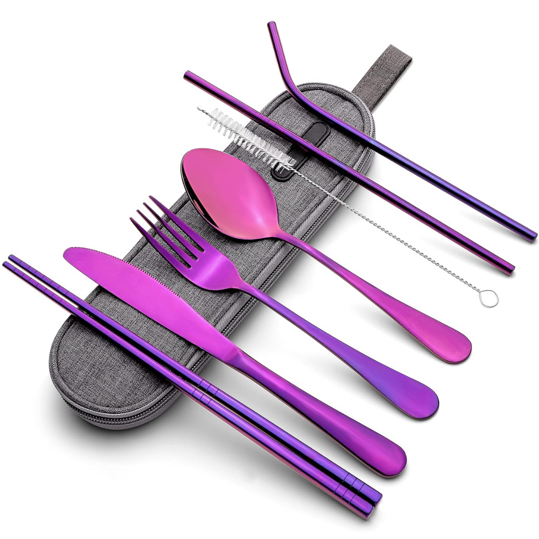 Open portable stainless steel cutlery set, displaying the organized fork, spoon, and knife within the travel case