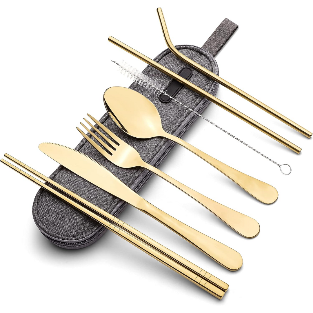 Hand holding a portable stainless steel cutlery set, emphasizing its compact size and eco-friendly design for kitchen