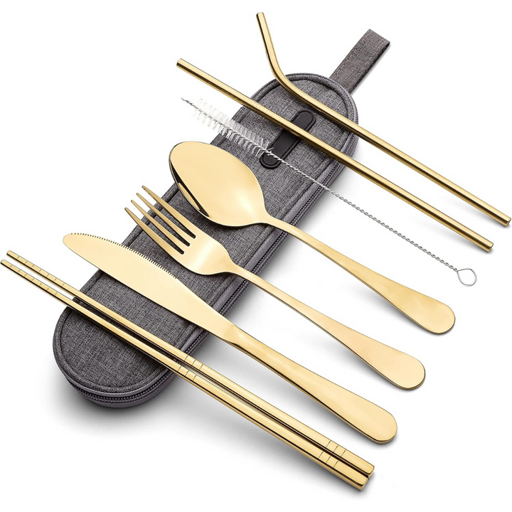 Hand holding a portable stainless steel cutlery set, emphasizing its compact size and eco-friendly design for kitchen