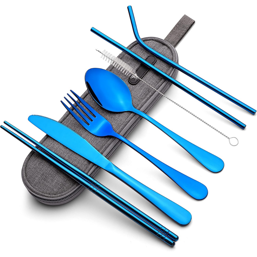 Stainless steel cutlery set for travel, with the protective case, offering a reusable and portable kitchen solution