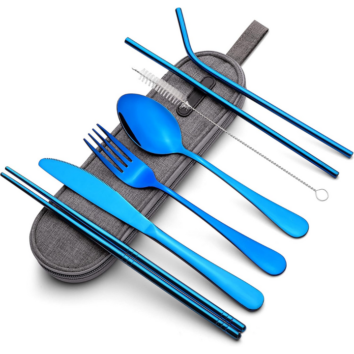 Stainless steel cutlery set for travel, with the protective case, offering a reusable and portable kitchen solution