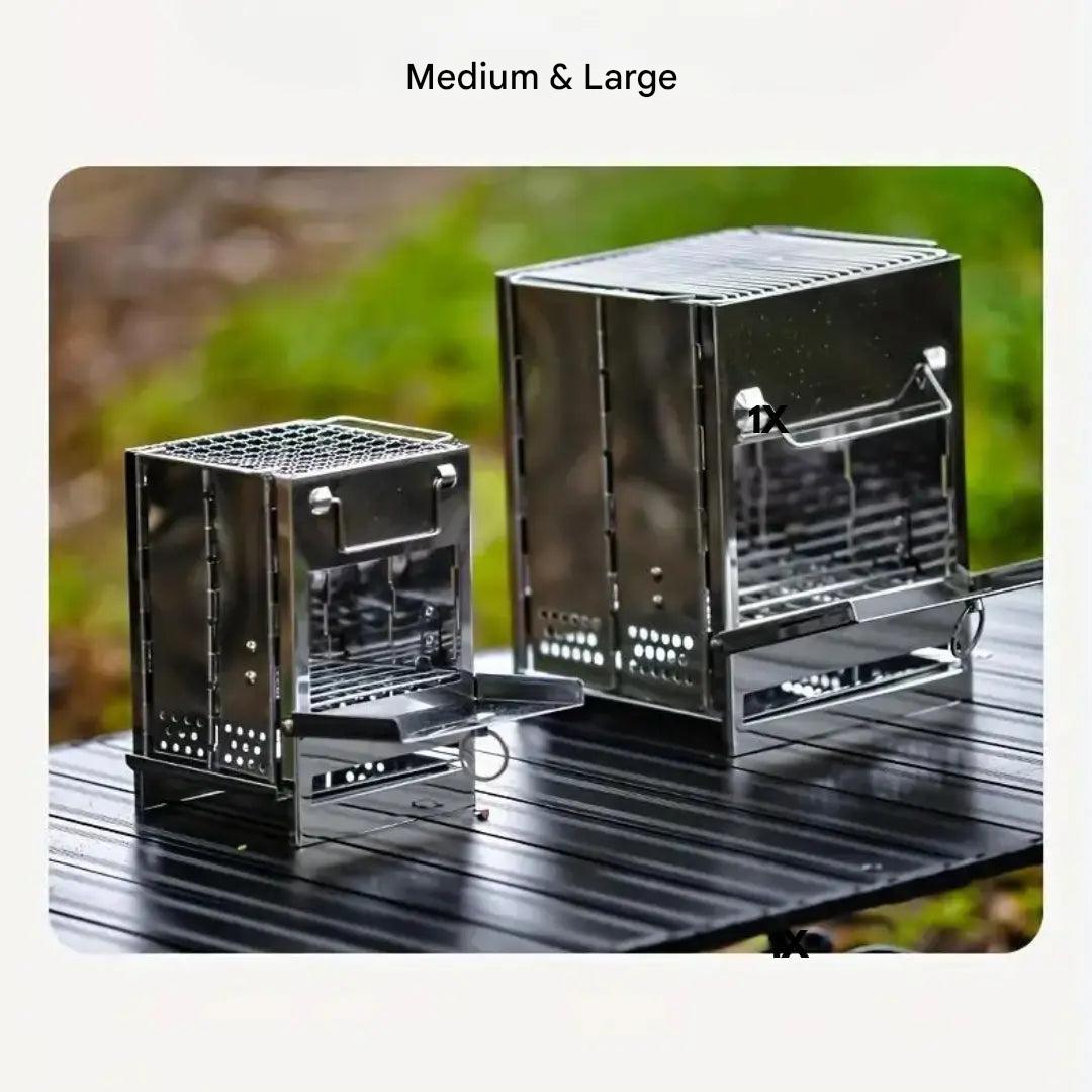 Versatile stainless steel foldable wood stove for camping, hiking, survival, and outdoor cooking.