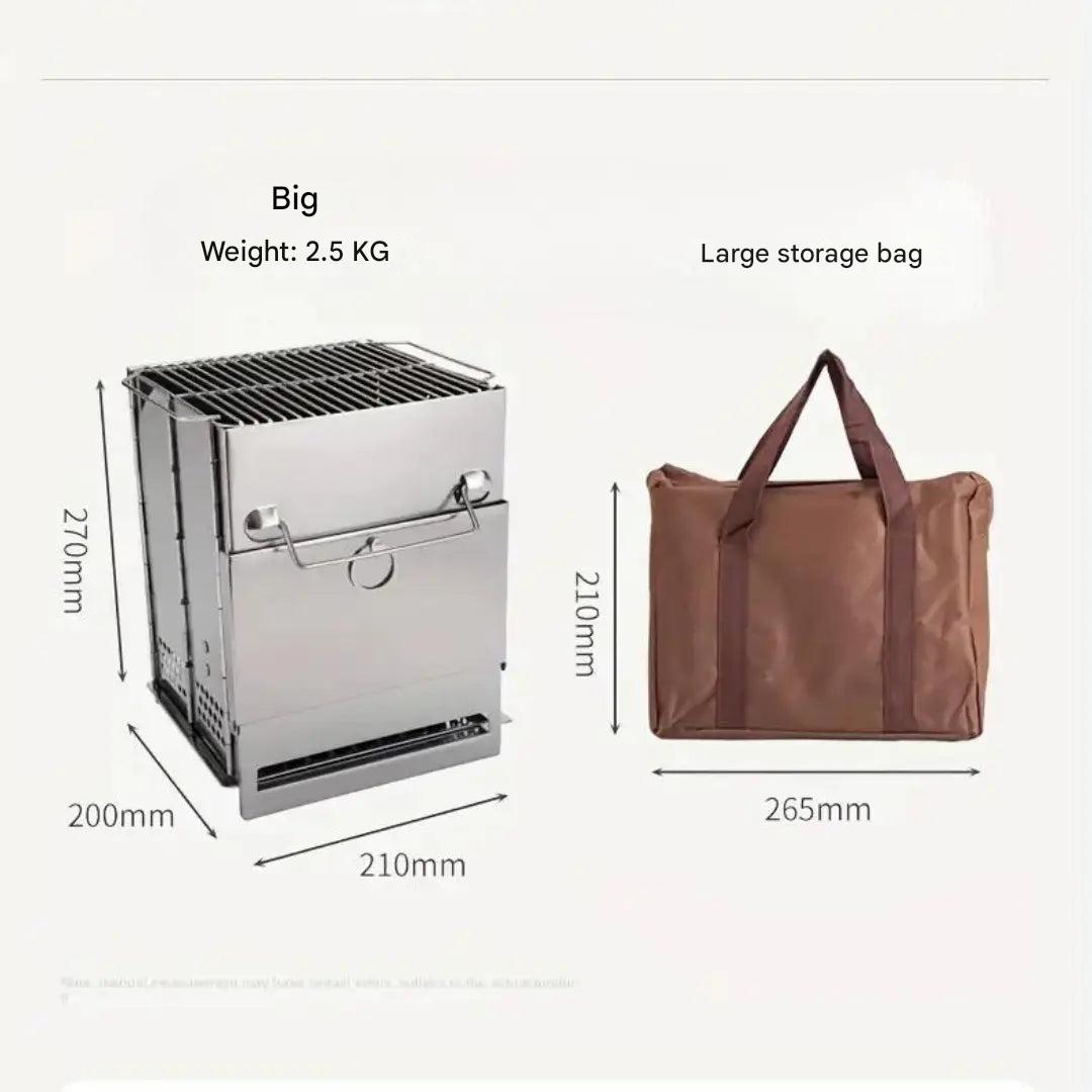Lightweight backpacking wood stove, foldable stainless steel, for outdoor cooking on trails.