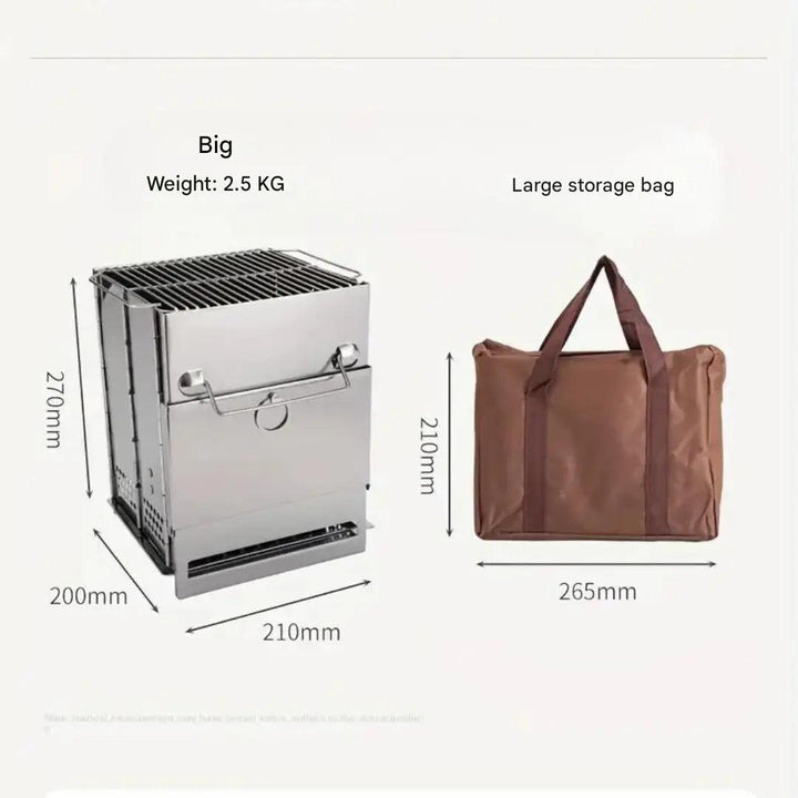 Lightweight backpacking wood stove, foldable stainless steel, for outdoor cooking on trails.