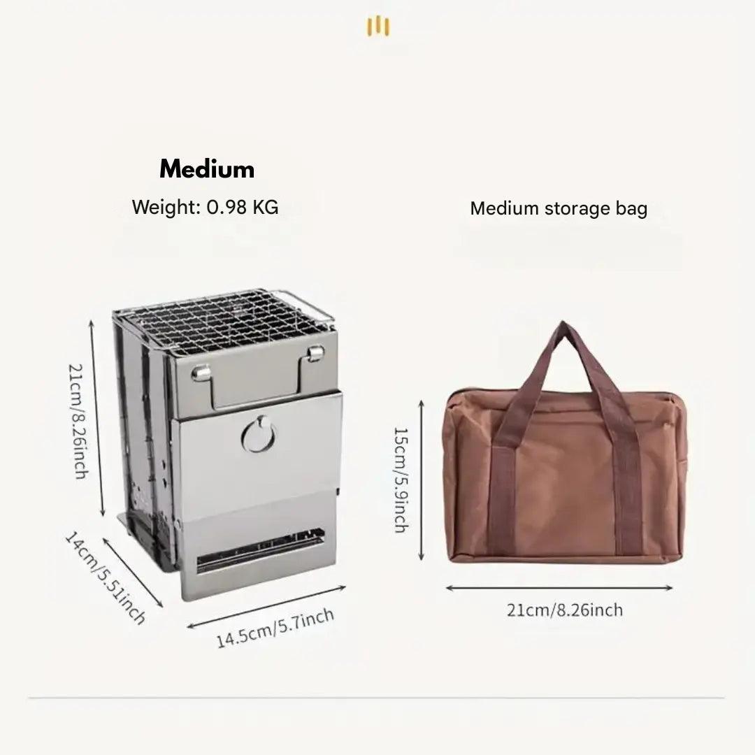 Unisex stainless steel foldable wood stove for all outdoor cooking, camping & hiking adventures.