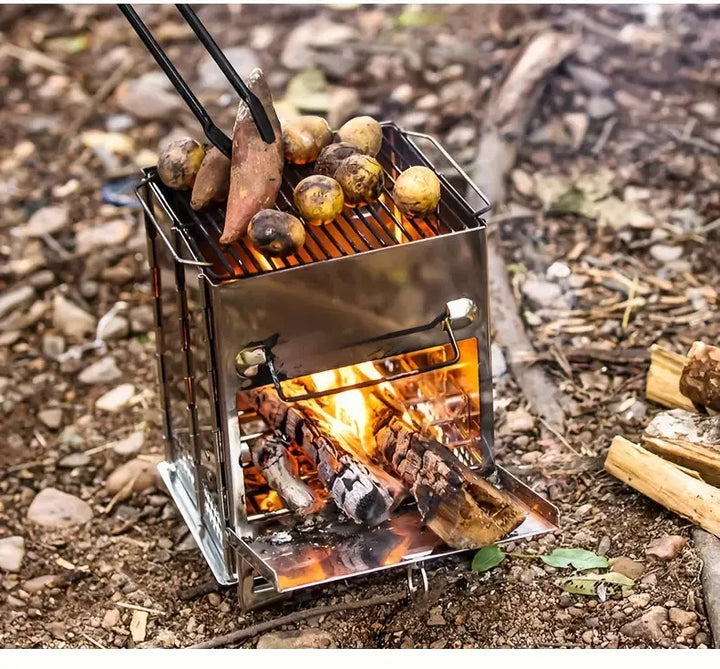 Compact stainless steel foldable wood stove, perfect for camping, hiking, & outdoor cooking gear.