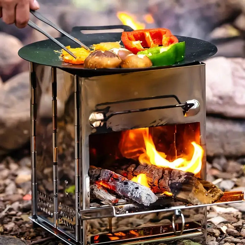 Unisex portable wood burning stove, stainless steel, for camping, hiking, fishing & survival cooking.