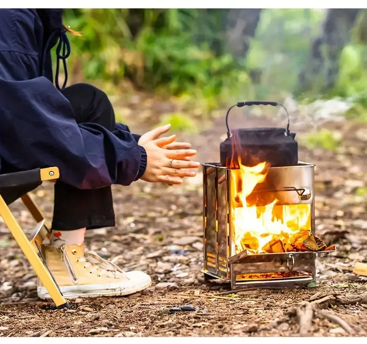 Ultra-compact foldable wood stove, stainless steel design for backpacking & outdoor adventures cooking.