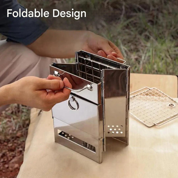 Ready-to-use portable foldable wood stove, essential stainless steel gear for outdoor cooking.