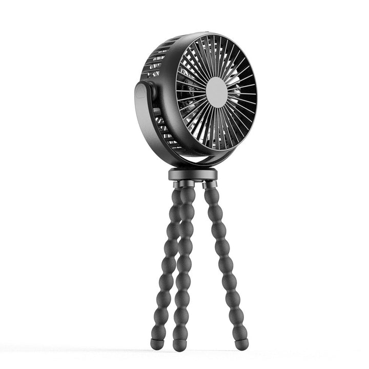 Portable stroller fan with 8000mAh battery & LED night light, black, clamped to a stroller