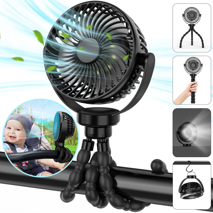 Close-up of a rechargeable USB stroller fan with an 8000mAh battery and flexible tripod
