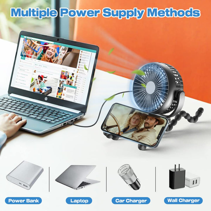 Baby in a stroller with a portable cooling device: an 8000mAh stroller fan providing airflow