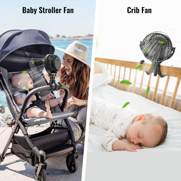 Stroller fan with 8000mAh power bank function, highlighting its charging port & compact design