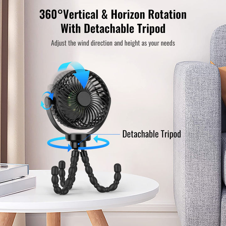 Nighttime use of an 8000mAh portable stroller fan, illuminating with its gentle LED night light