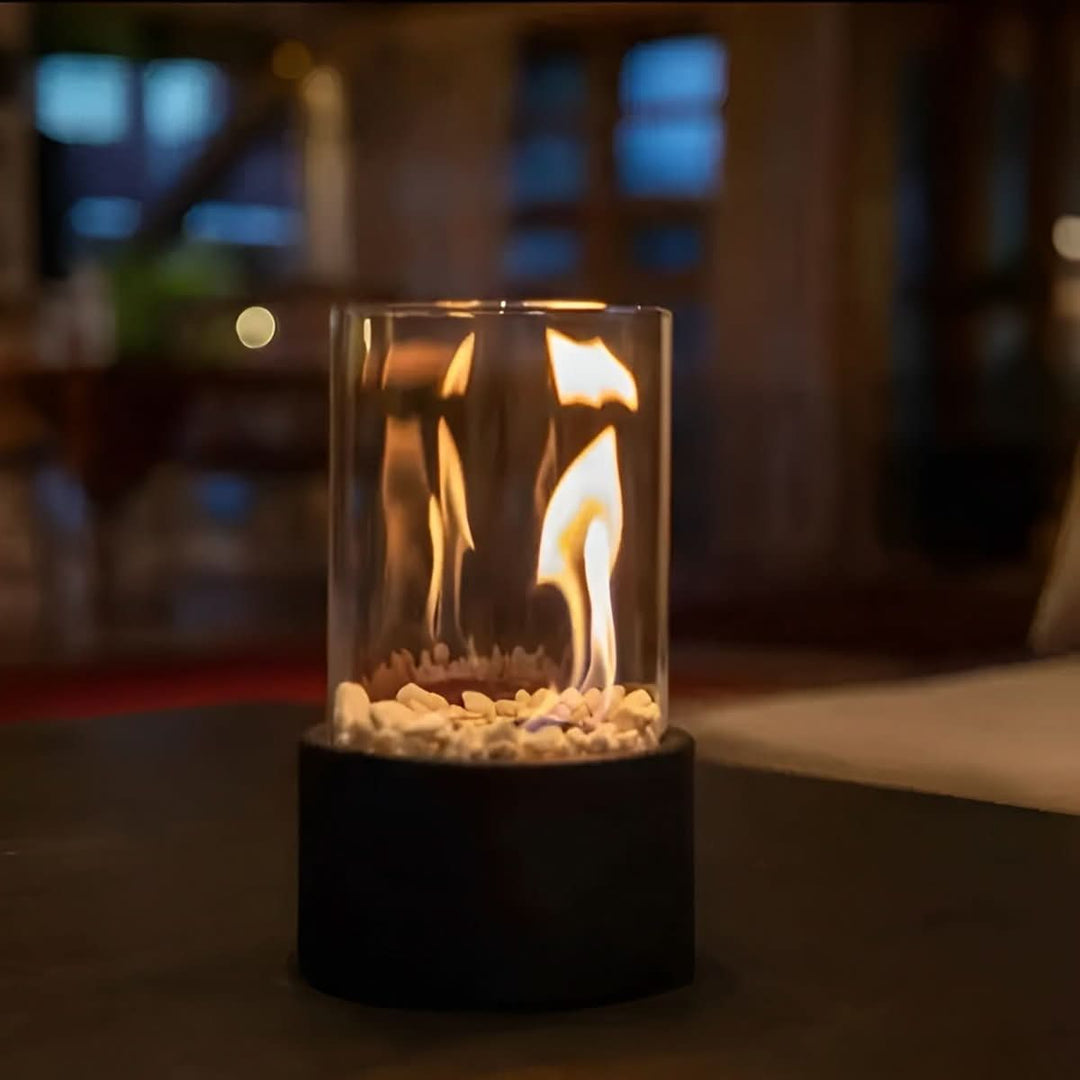 Portable tabletop bioethanol fireplace, ideal for indoor and outdoor modern ambiance.
