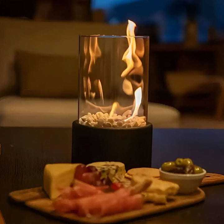 Modern tabletop fireplace for indoor home ambiance, featuring a clean-burning bioethanol flame.
