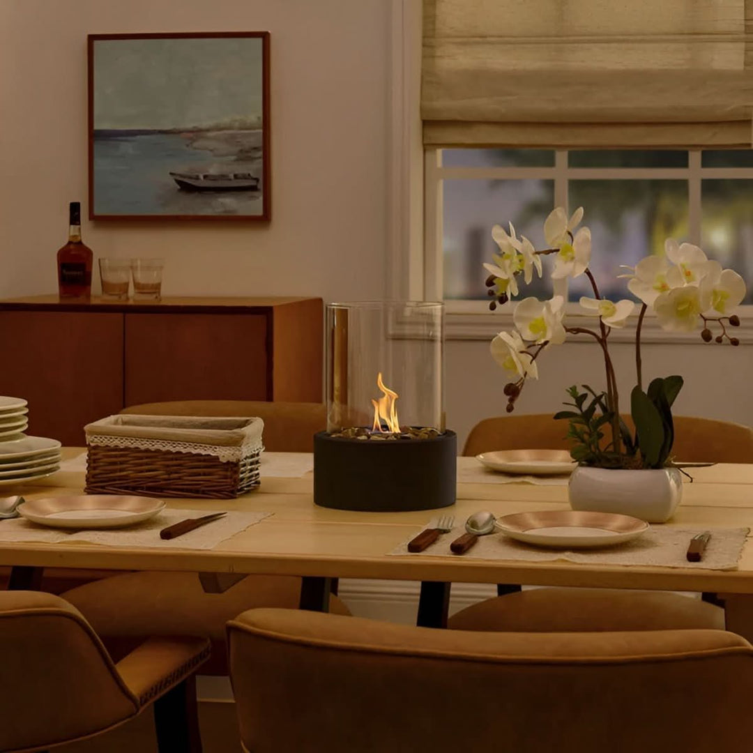 Versatile portable bioethanol tabletop fireplace, bringing modern ambiance to any indoor or outdoor setting.