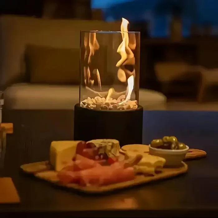 Garden decor: stylish tabletop fire lantern, ideal for enhancing ambiance and modern design.