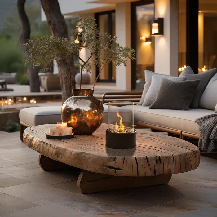 Close-up of a portable tabletop fire pit lantern, showcasing the mesmerizing flame feature.