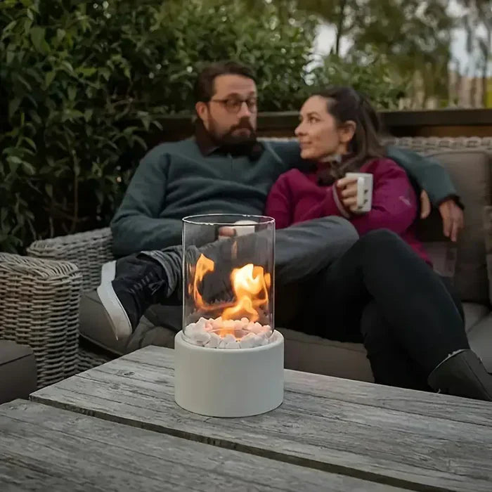Modern design tabletop fire pit lantern, suitable for both outdoor and indoor home decor.