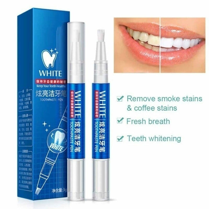Sleek white teeth whitening pen, designed for on-the-go stain removal and a dazzling, brighter smile.