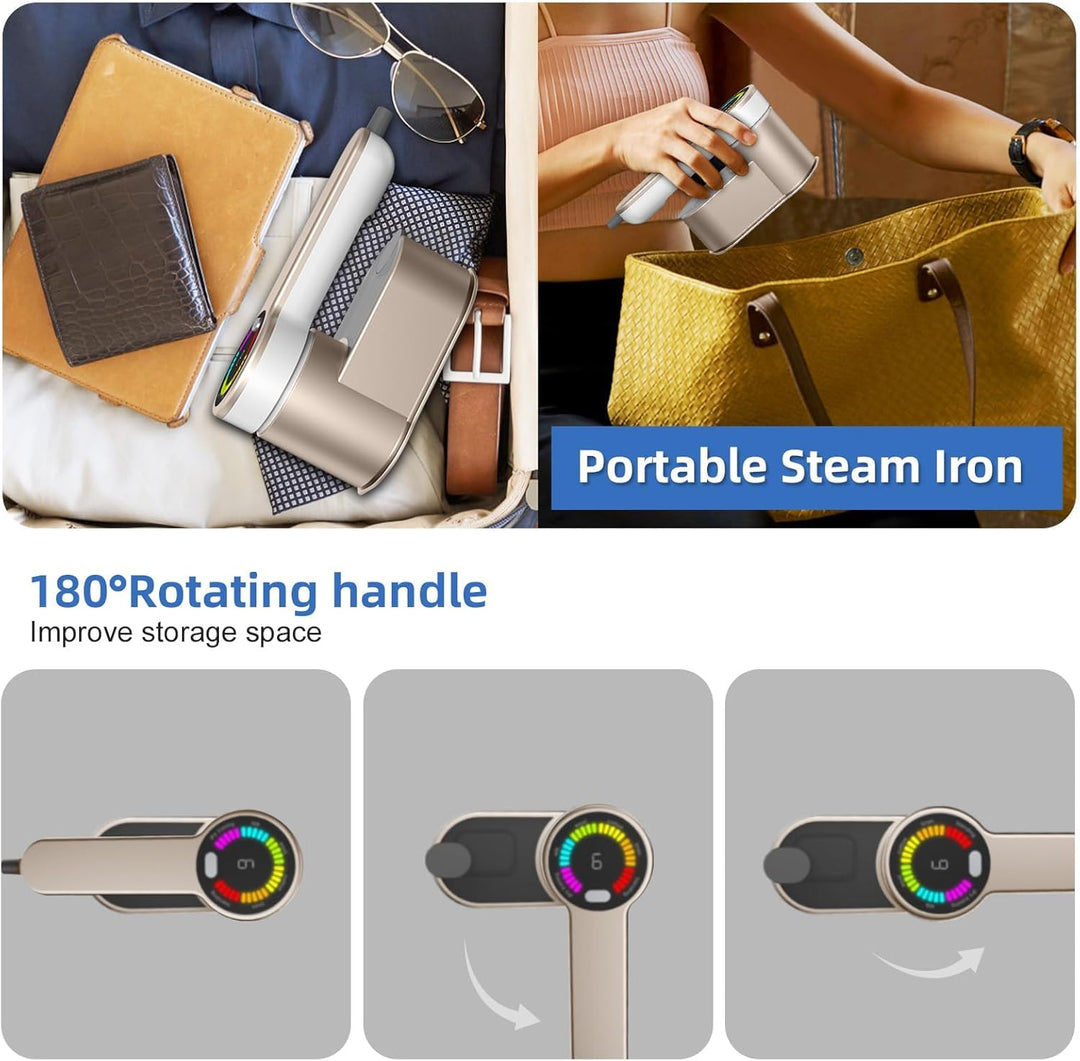 Close-up of the steam nozzle of the gold & silver portable travel steamer iron 1200W, ready to use