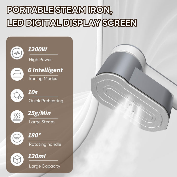 Close-up of portable garment iron 1200W, gold & silver, highlighting its 6 versatile steaming modes