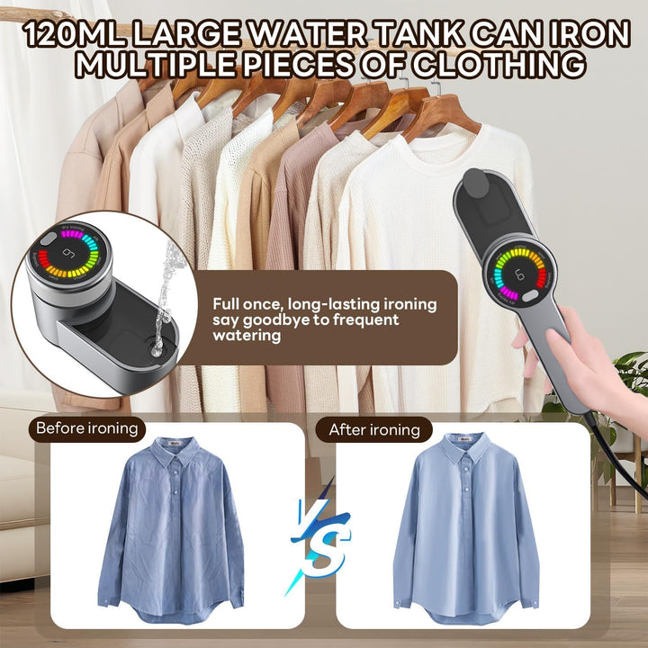 Ergonomic design of portable fabric iron 1200W, gold & silver, ideal for home and garden use