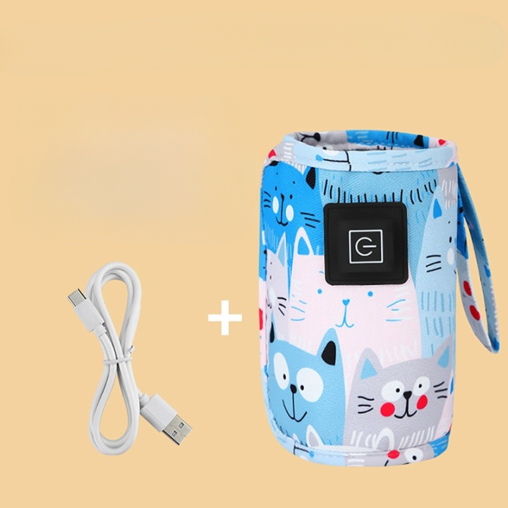 Parent holding a portable USB baby bottle warmer, heating milk for infant during travel or outdoor activities.