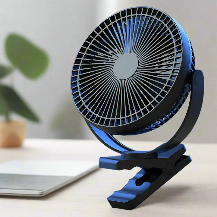 Portable USB rechargeable clip fan, 10000mAh battery, for desk or travel