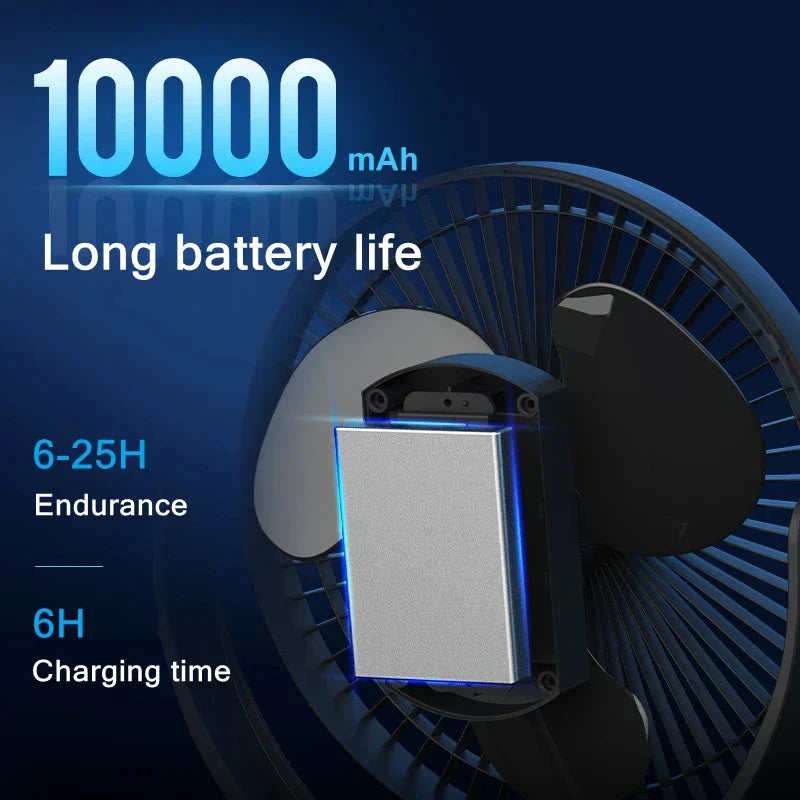 Quiet clip-on USB fan with 10000mAh battery, perfect for office or stroller