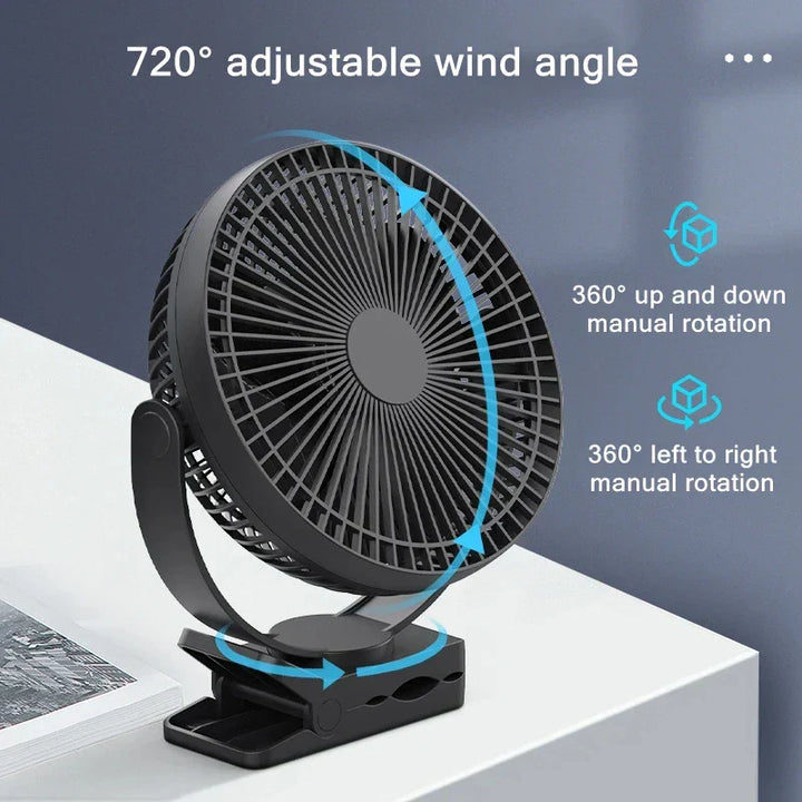 Desk setup with a quiet portable USB fan clipped on, providing personal cooling