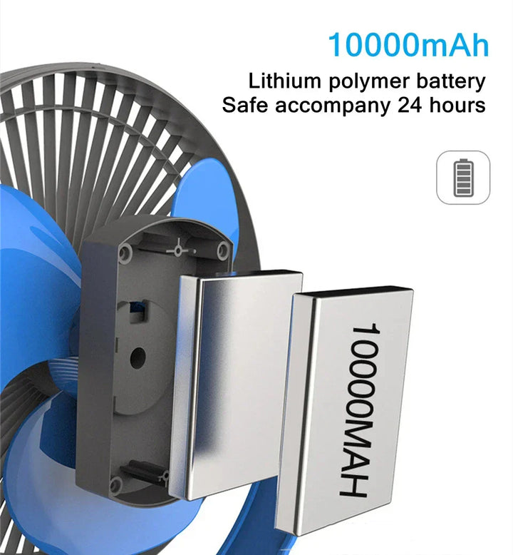 Versatile portable fan with strong clip and long-lasting battery, ideal for office or camping