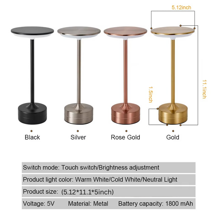 Compact portable LED lamp, touch sensor, USB rechargeable, great for travel or emergency lighting.