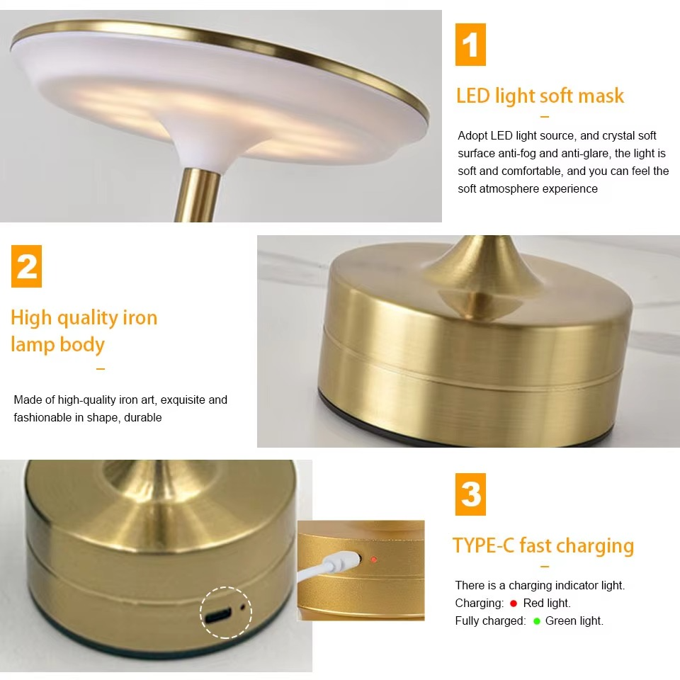 Stylish LED desk lamp, touch activated, USB rechargeable, modern aesthetic for any workspace.