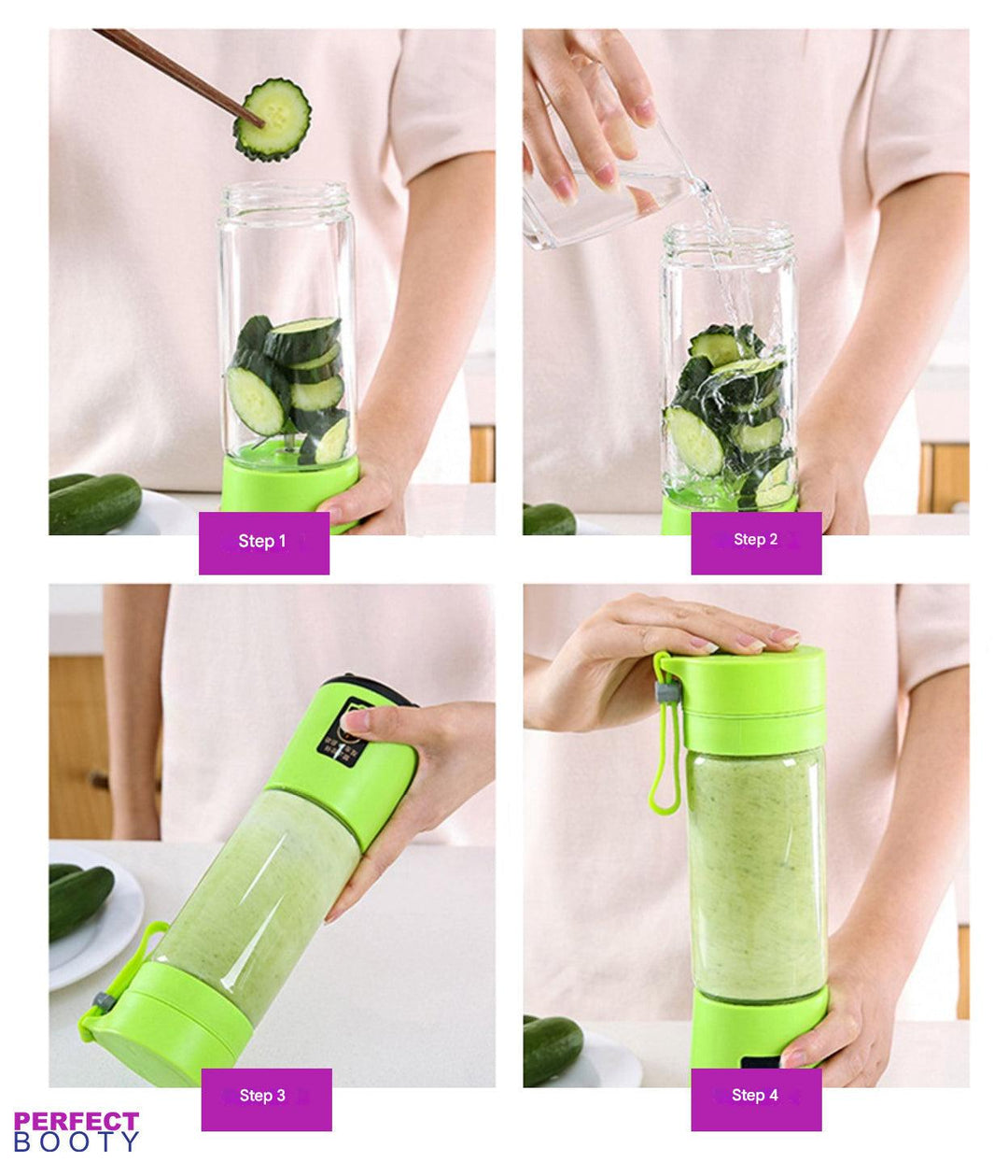 FreshBlend To-Go portable blender actively blending fruits & veggies for a healthy, delicious smoothie. USB powered.