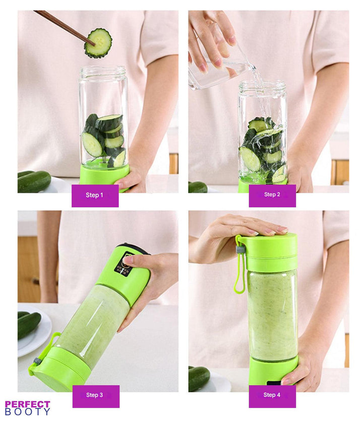FreshBlend To-Go portable blender actively blending fruits & veggies for a healthy, delicious smoothie. USB powered.