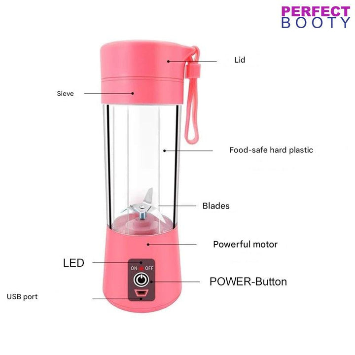 Detail of a sleek portable USB rechargeable personal smoothie maker with powerful blades & leak-proof lid.