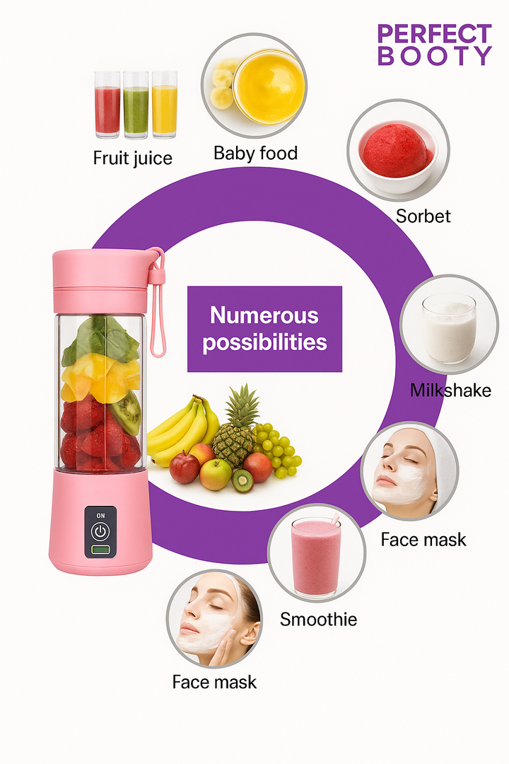 Person enjoying a fresh smoothie from a portable FreshBlend To-Go USB rechargeable personal blender outdoors.