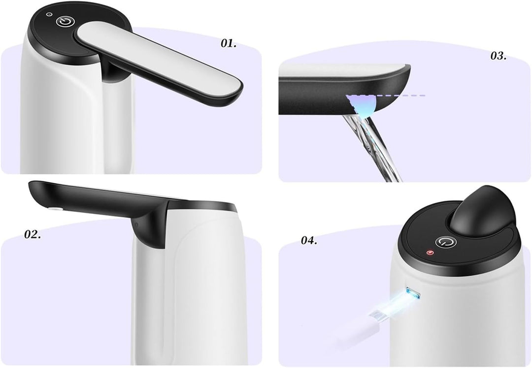 Hydravo portable electric water pump, USB recharged, fits various bottle sizes, camping gear