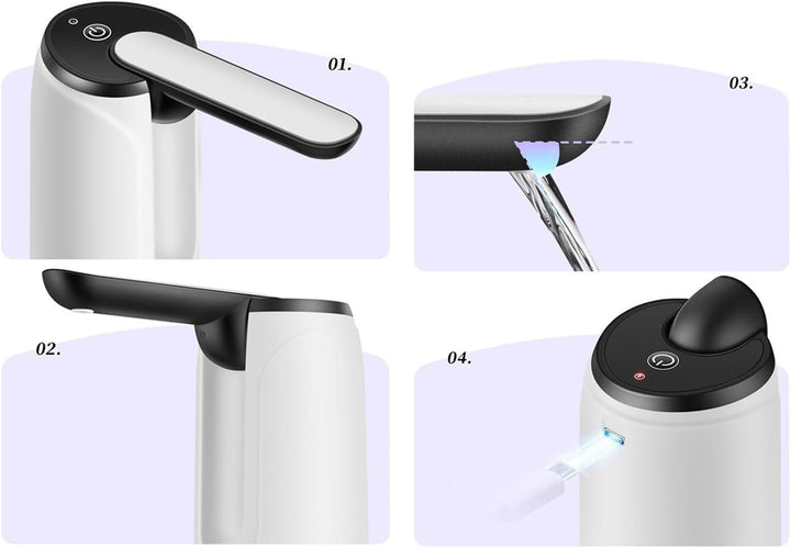 Hydravo portable electric water pump, USB recharged, fits various bottle sizes, camping gear