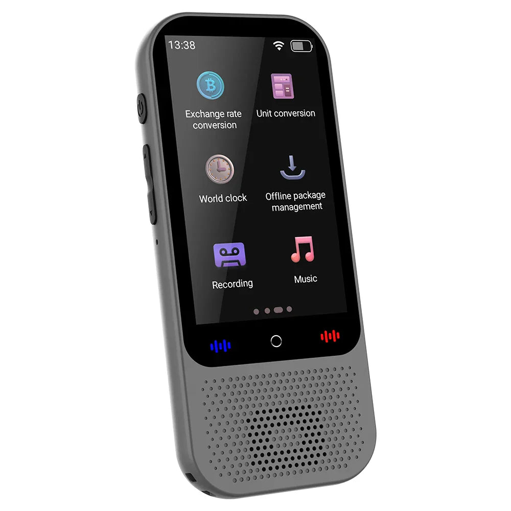 Compact smart translator showing 'Hello' translated, suitable for offline use.