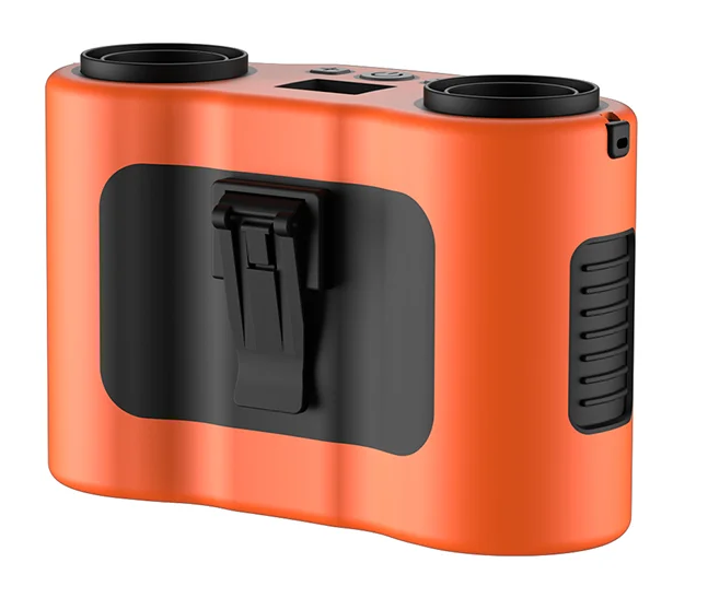 Portable waist clip fan, dual air outlets, 20000mAh battery for hands-free outdoor cooling.