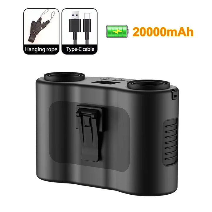 Rechargeable clip-on fan with powerful dual air outlets, perfect for camping and job sites.