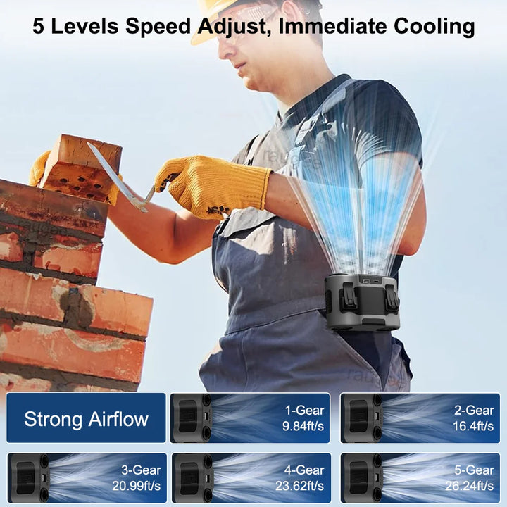 Outdoor gear: compact waist fan with dual streams of air for continuous, portable cooling.